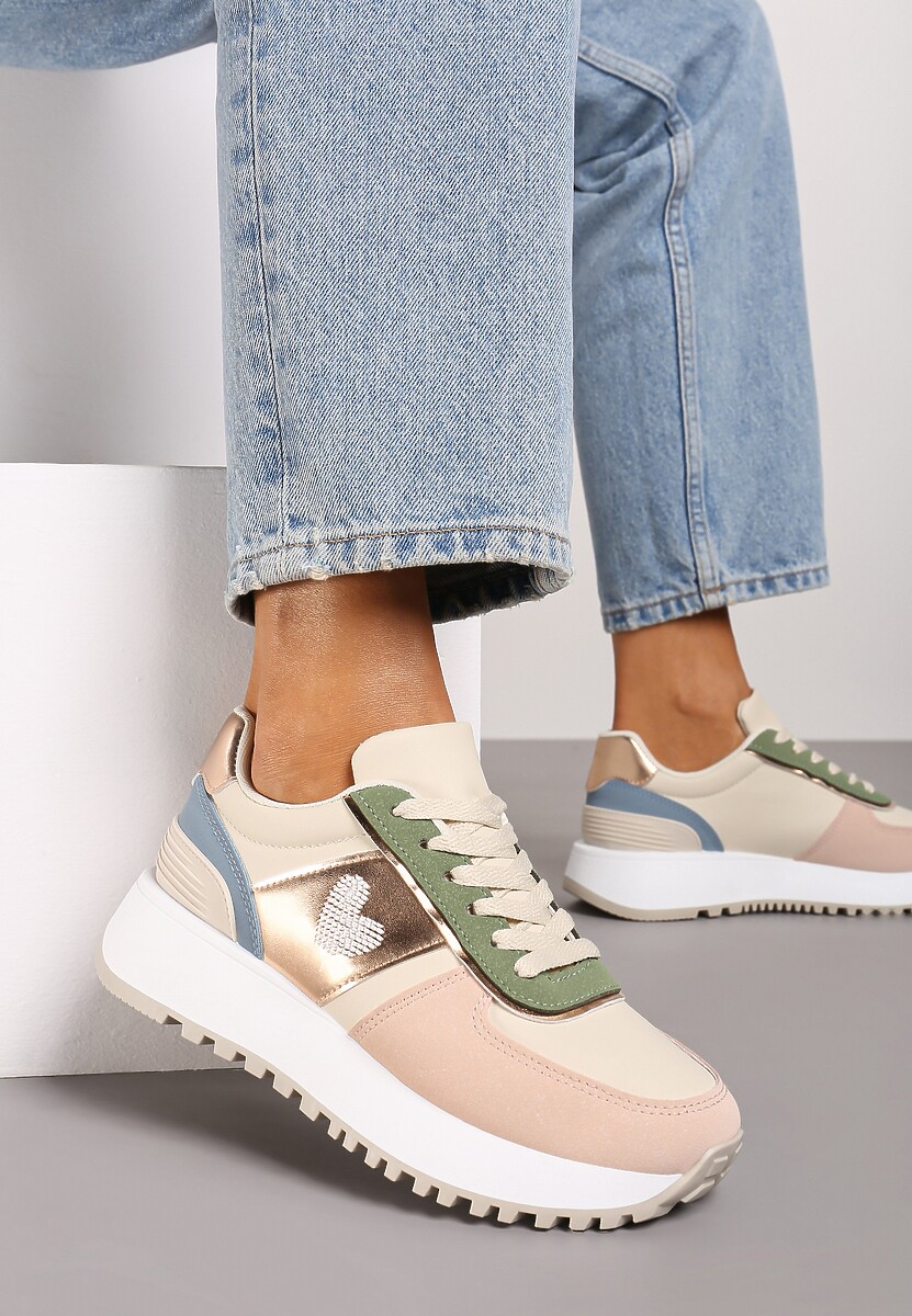 Beżowo-Różowe Sneakersy z Naszywką Serduszka i Piankową Platformą Timera