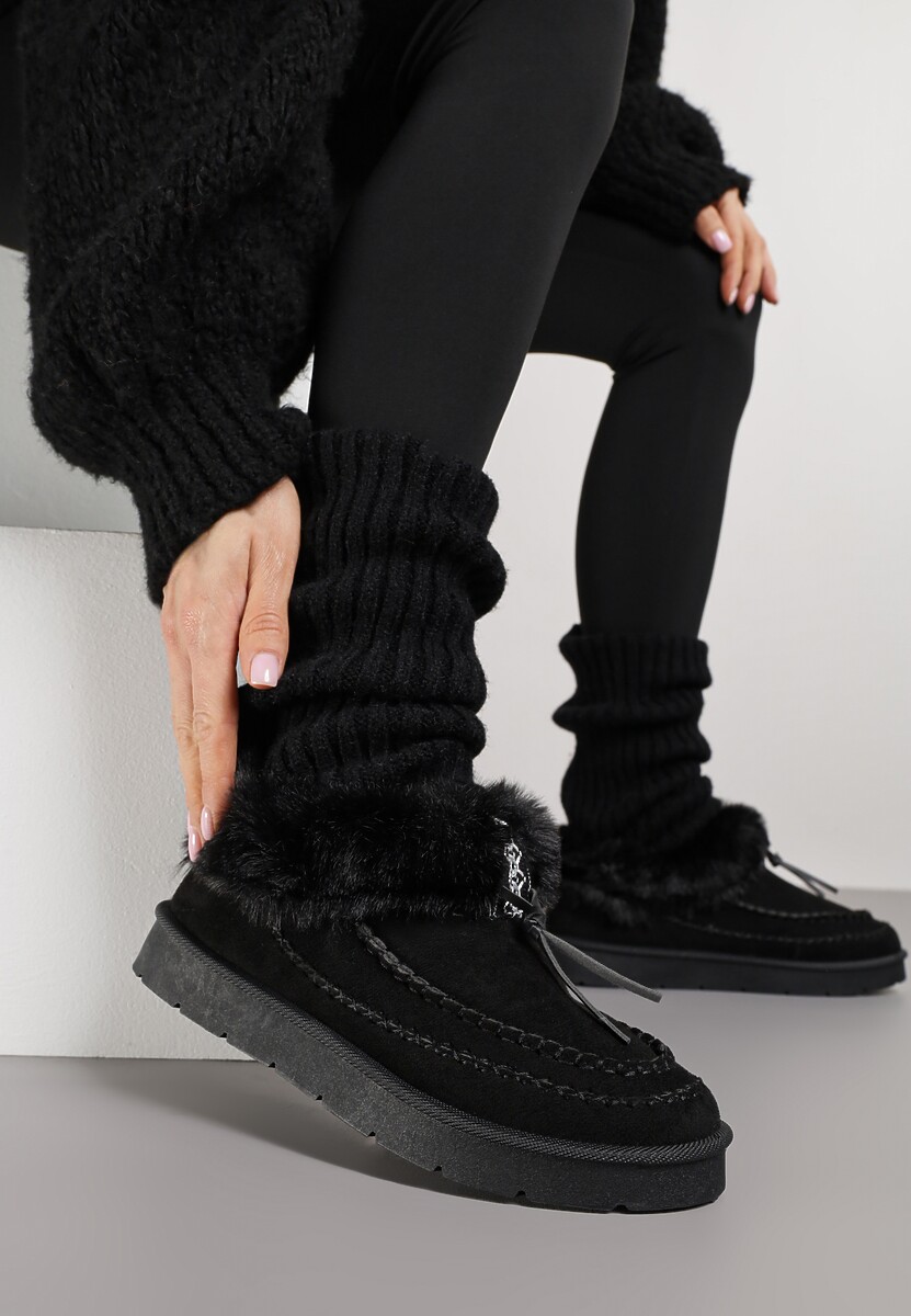 Ciemnobeżowe Śniegowce na Platformie Ozdobione Haftem i Futerkiem Linedis