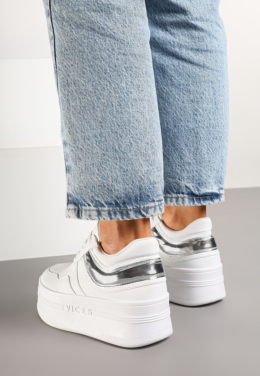 Biało-Srebrne Sneakersy Vices na Platformie z Tłoczonym Napisem ze Sznurowaniem Eanneth