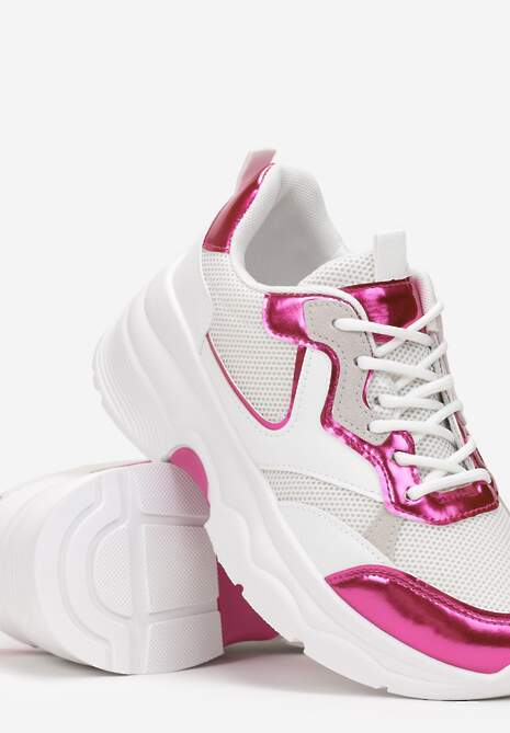 Biało-Fuksjowe Sneakersy na Grubej Podeszwie ze Wstawkami z Perforacją Lanya