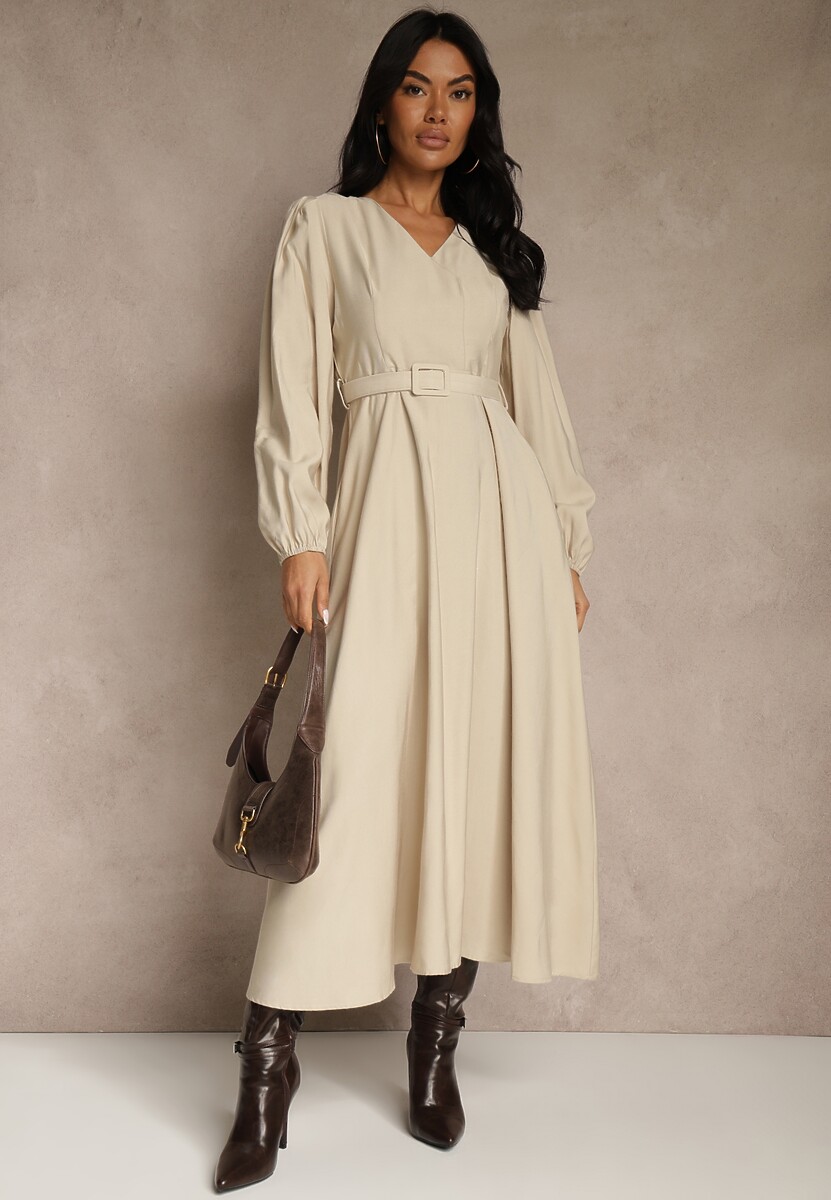 Beżowa Rozkloszowana Sukienka z Wiskozy z Paskiem ze Sprzączką Orille