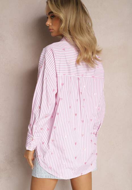 Różowa Bawełniana Koszula Ozdobiona Wzorem w Cienkie Paski i Serduszka Vatille