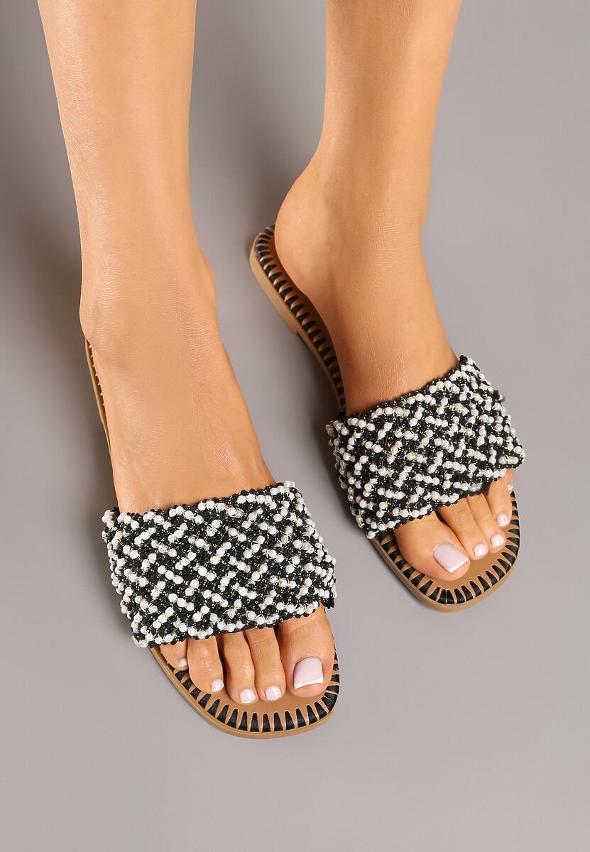 Ciemnobeżowe Płaskie Klapki Ozdobione Koralikami Soralia