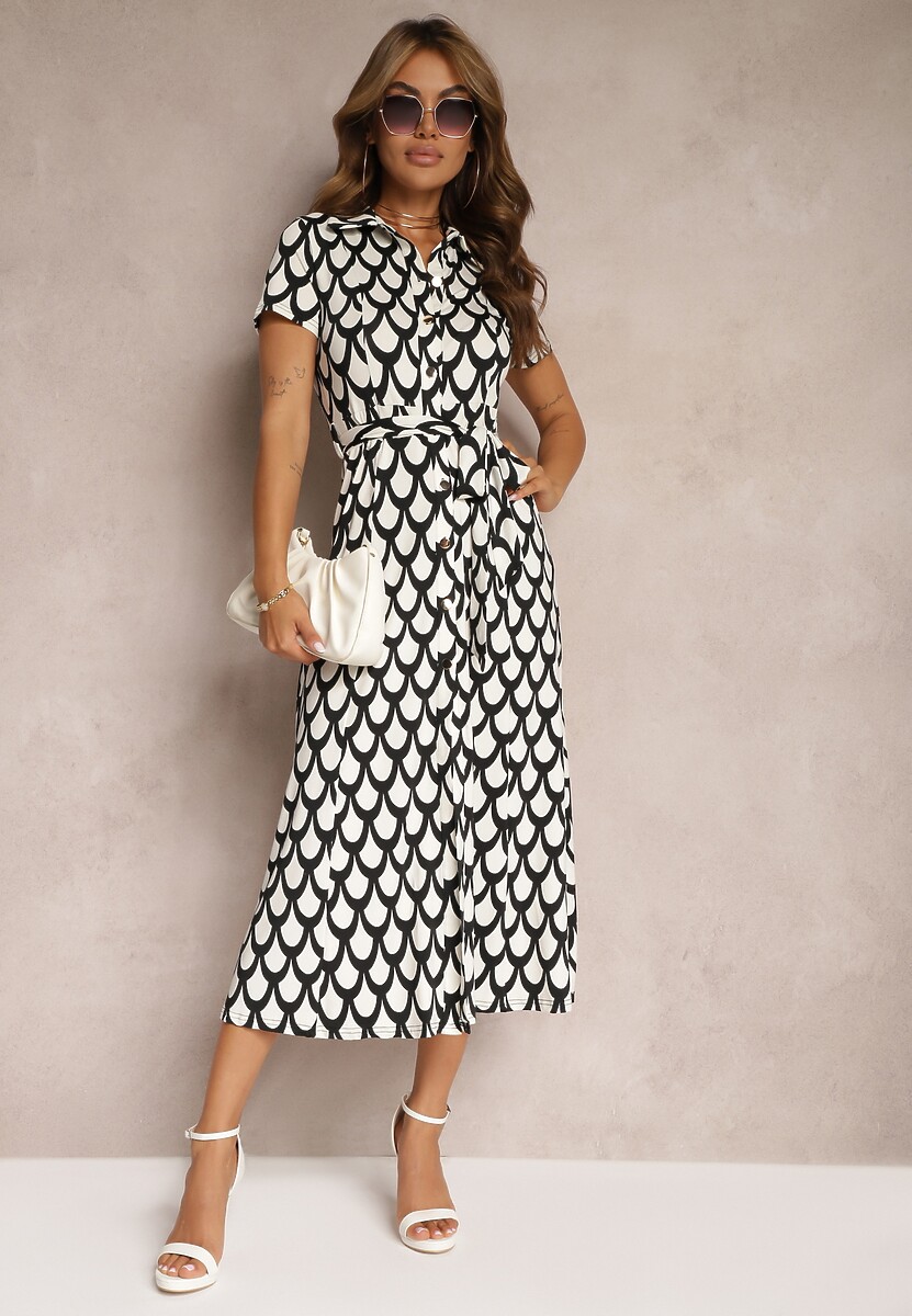 Czarno-Biała Sukienka o Koszulowym Kroju z Paskiem w Talii Wranea