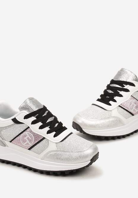 Srebrne Sznurowane Sneakersy z Brokatem i Siateczką na Grubej Podeszwie Leviria