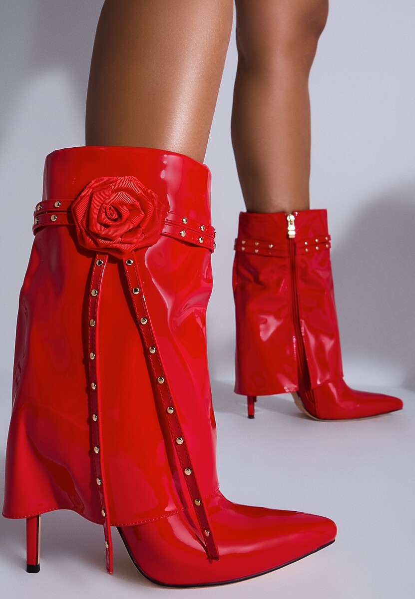 Czerwone Lakierowane Botki z Cholewką Imitującą Nogawkę na Szpilce z Ozdobnym Kwiatkiem Lotiala