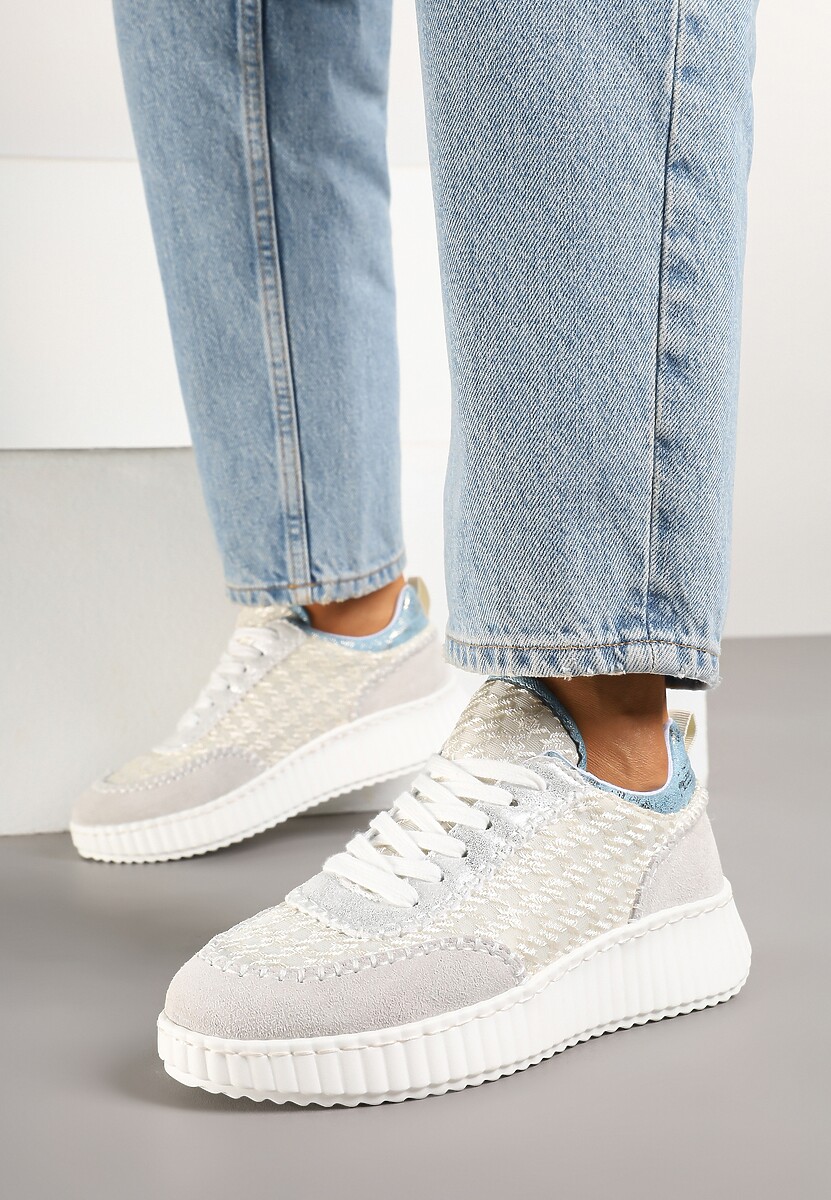 Jasnoszare Sneakersy ze Skóry Naturalnej z Tweedową Wstawką Varelna