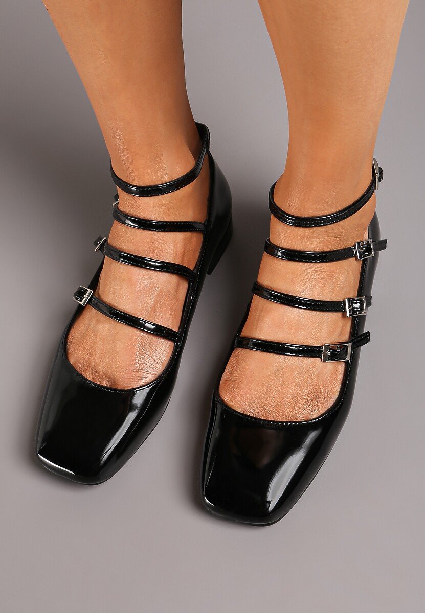 Czarne Balerinki z Paskami Zapinanymi na Sprzączki Prundia