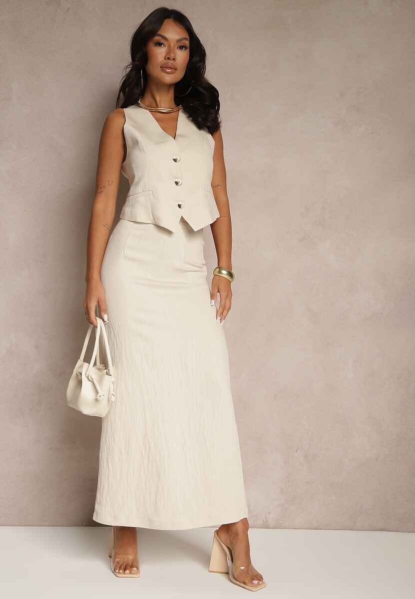 Beżowy Wiskozowy Komplet Kamizelka z Guzikami i Spódnica z Paskiem Maviselle