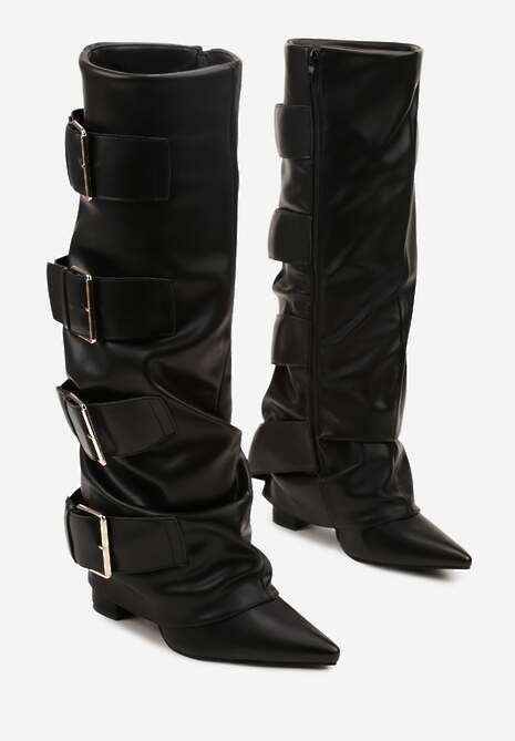 Czarne Kozaki na Słupku z Wywiniętą Cholewką i Klamrami Arullia