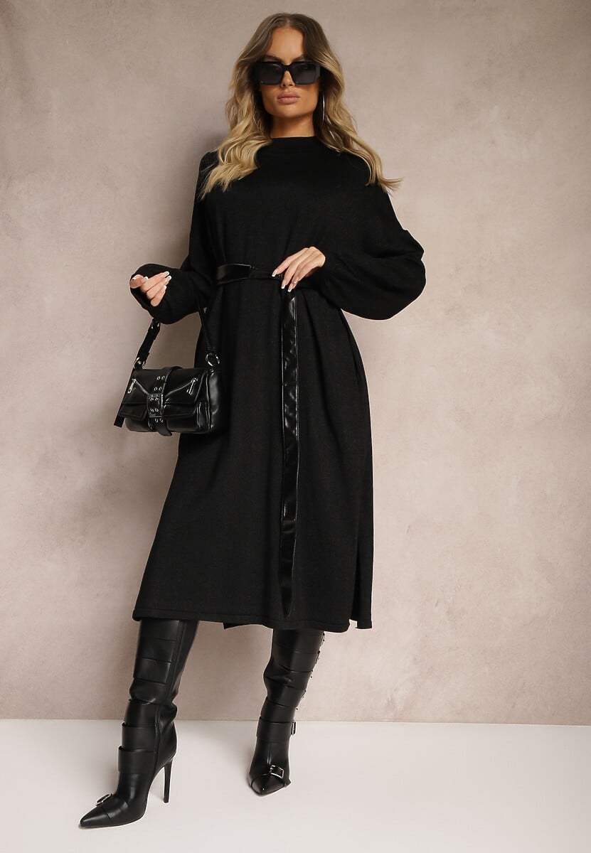 Czarna Sukienka z Dodatkiem Wiskozy o Pudełkowym Kroju z Metaliczną Nicią Arkiria