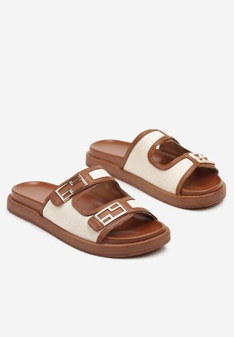 Brązowo-Beżowe Klapki Ozdobione Geometryczną Aplikacją Tolirane
