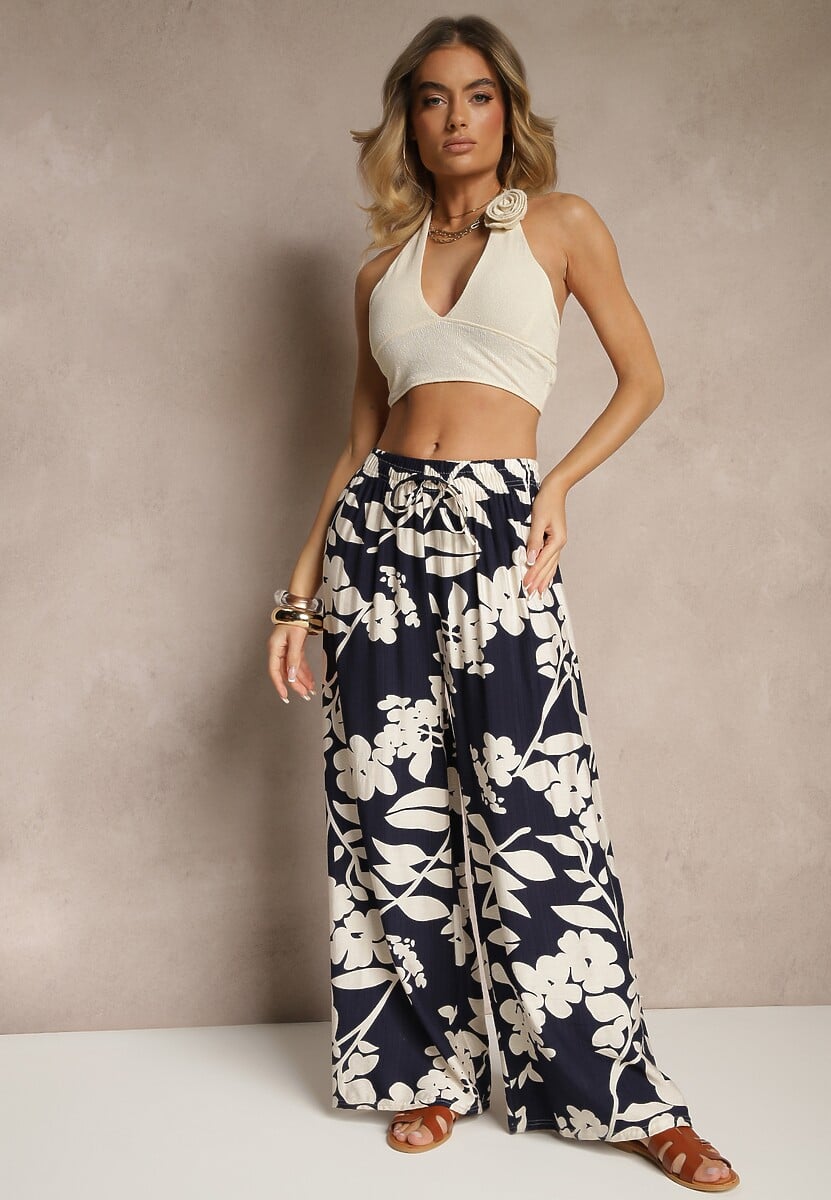 Granatowe Szerokie Spodnie z Wiskozy High Waist w Kwiatowy Wzór Elaneora