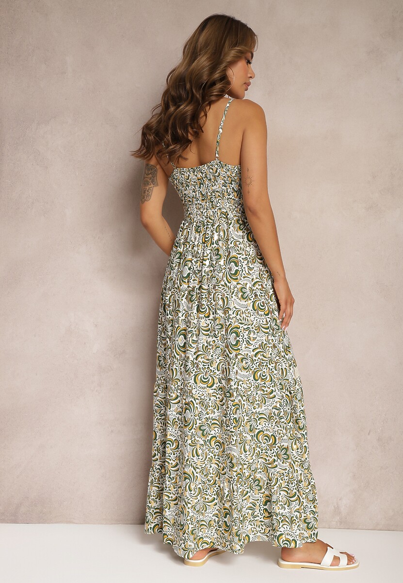 Zielono-Beżowa Bawełniana Sukienka na Ramiączkach Ozdobiona Haftem z Gumką w Talii Nretta