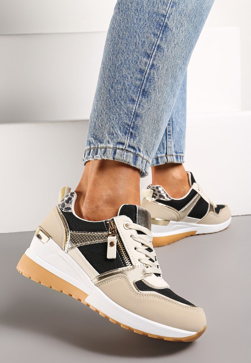Beżowo-Czarne Sneakersy na Niewysokim Koturnie Ozdobione Suwakiem i Wstawkami Liorrama