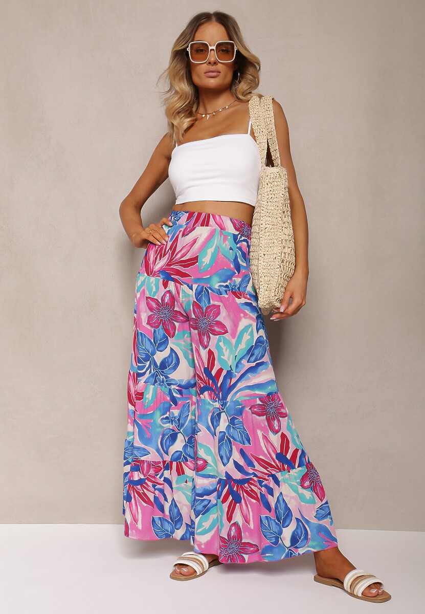 Niebiesko-Różowe Wiskozowe Spodnie z Wysokim Stanem i Szerokimi Nogawkami z Gumką w Talii Nansialia