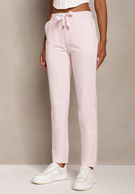 Różowe Proste Spodnie Dresowe z Satynową Tasiemką w Pasie Alnureta