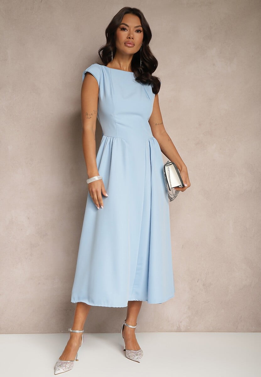 Niebieska Rozkloszowana Sukienka z Wiązaniem i Dekoltem w Kształcie Łódki Alanira