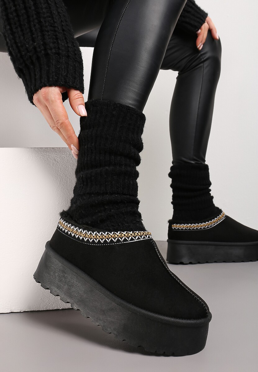 Czarne Śniegowce z Ekozamszu na Grubej Podeszwie z Ozdobną Lamówką Meliria