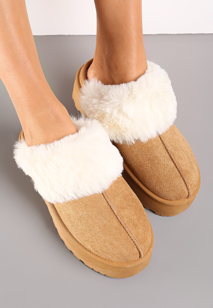 Brązowe Kapcie na Grubej Podeszwie z Ozdobnym Futerkiem Sunessa