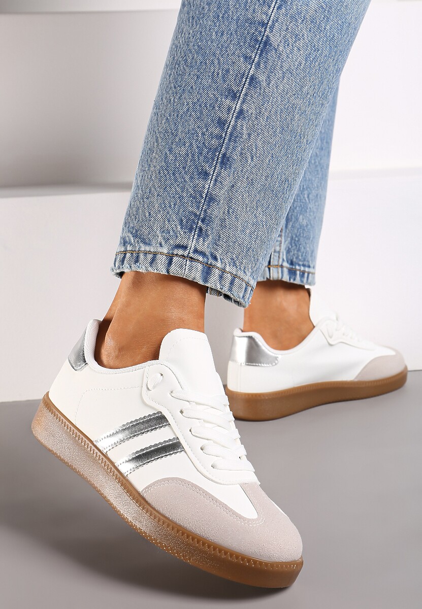 Biało-Srebrne Sneakersy Sznurowane w Sportowym Stylu Mrefia