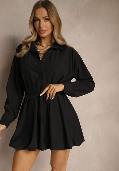 Czarna Sukienka Koszulowa Typu Bombka Ozdobiona Paskiem Lavirivae