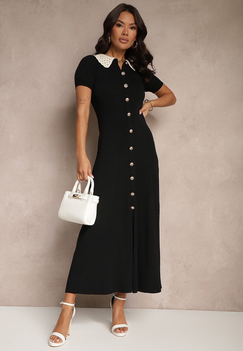 Czarna Wiskozowa Sukienka Rozkloszowana Retro z Guzikami i Kołnierzem Ardival
