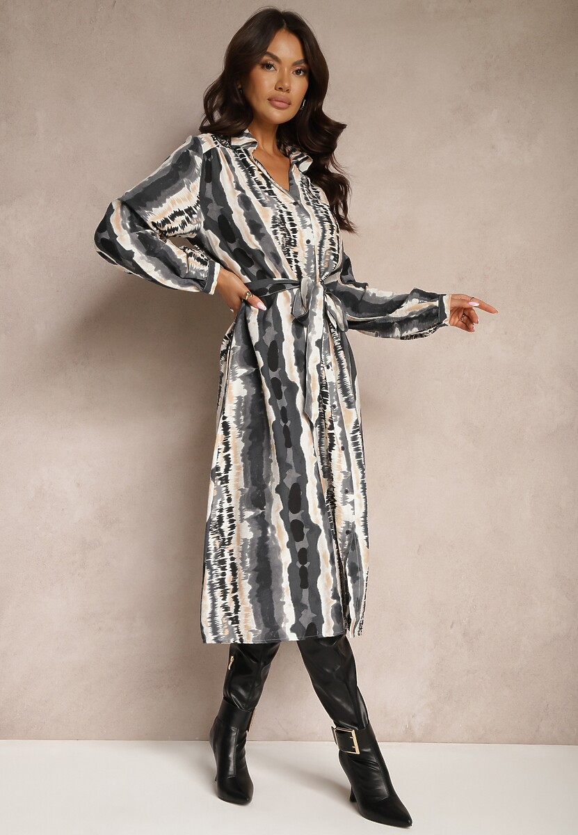 Szara Koszulowa Sukienka z Wiskozy Ozdobiona Materiałowym Paskiem Elliorwen