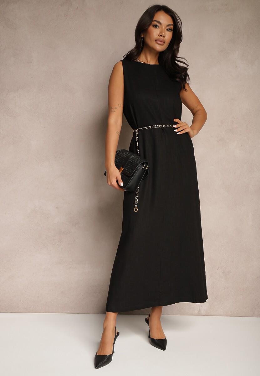 Czarna Sukienka z Wiskozą i Lnem o Pudełkowym Kroju z Rozcięciem z Tyłu Elvivis