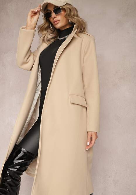 Jasnobeżowy Taliowany Płaszcz z Wiązanym Paskiem Seraphique