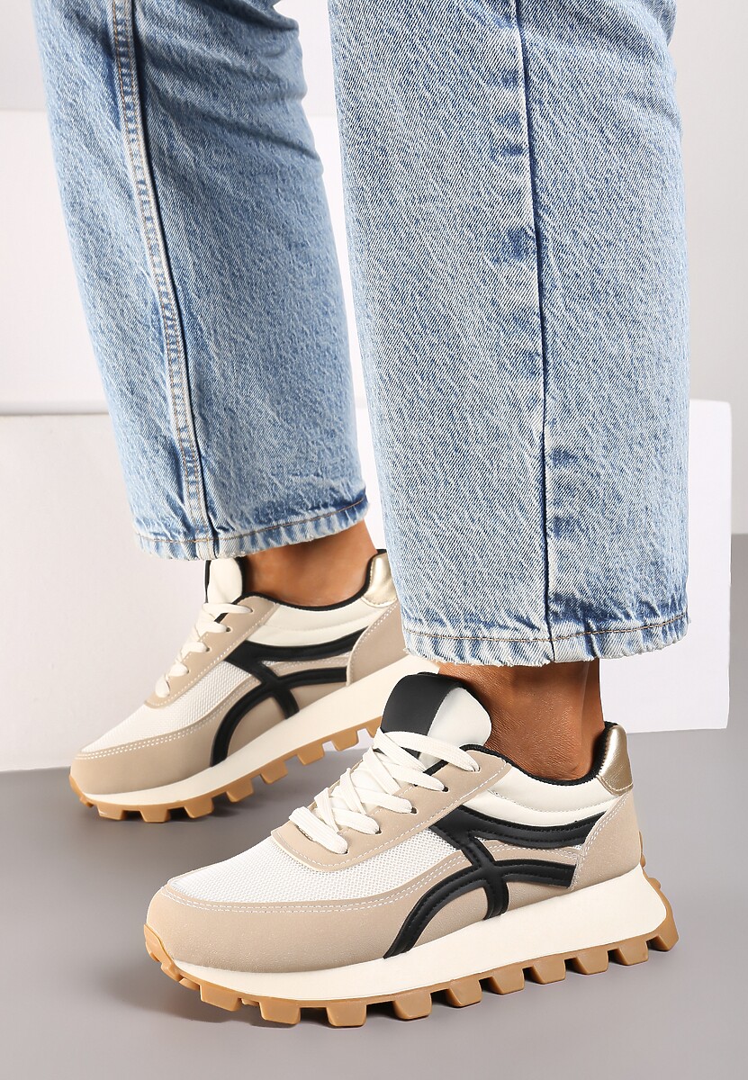 Ciemnobeżowe Sneakersy z Szerokim Bieżnikiem i Sznurowaniem Timatara