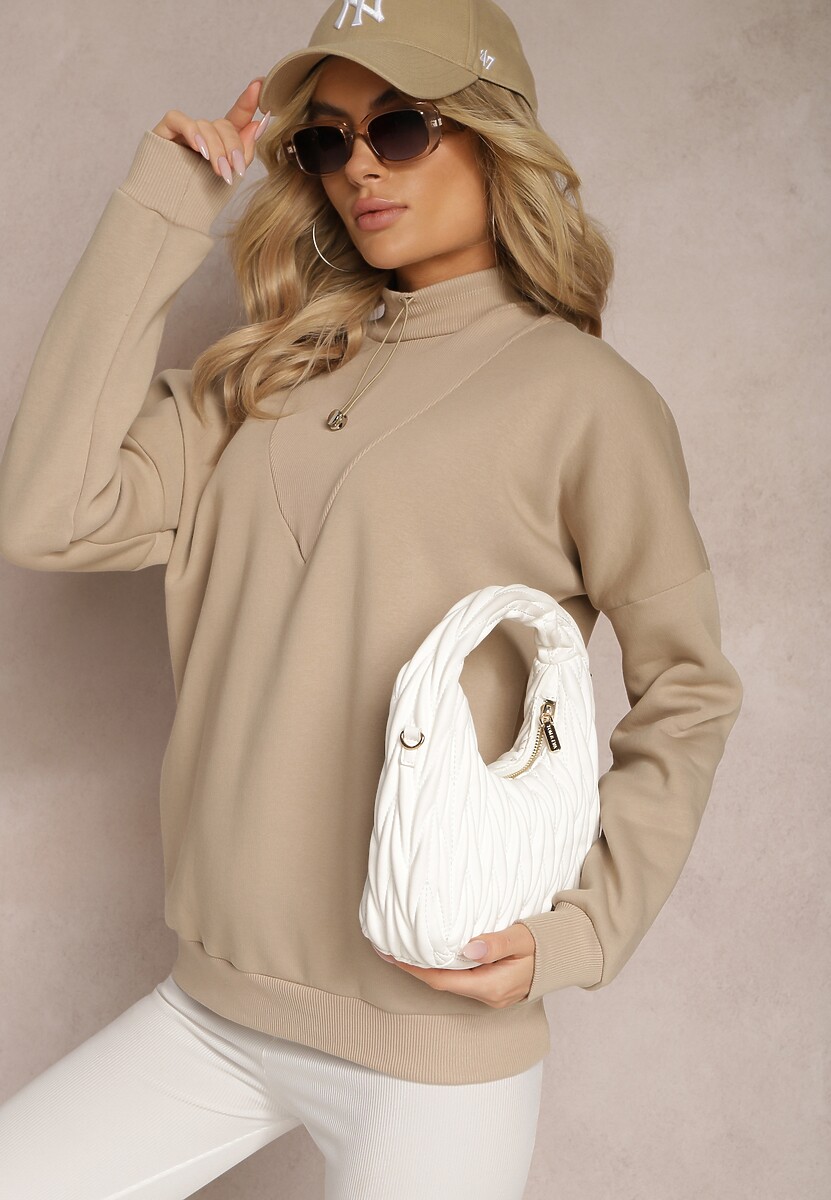Beżowa Ocieplana Bluza Bawełniana z Półgolfem Heraia