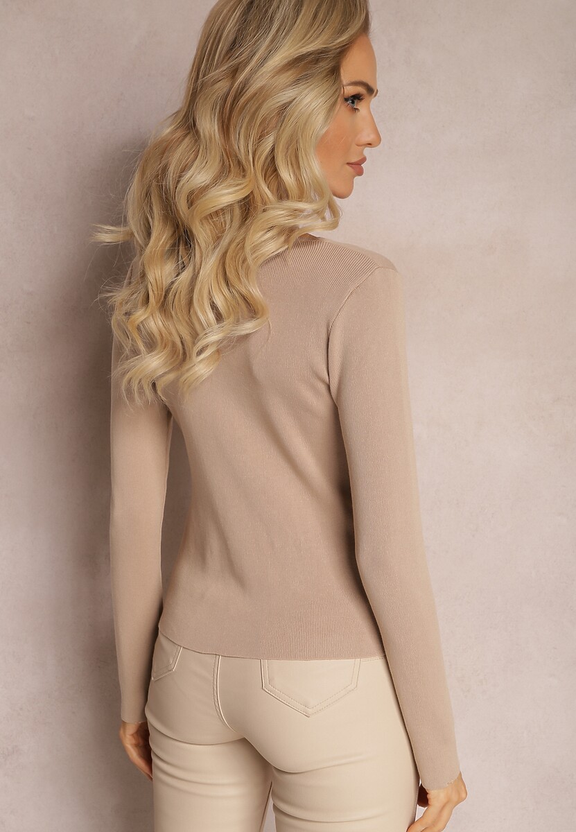 Beżowa Elastyczna Bluzka z Prążkowanego Materiału z Nieregularnym Dekoltem Klinore