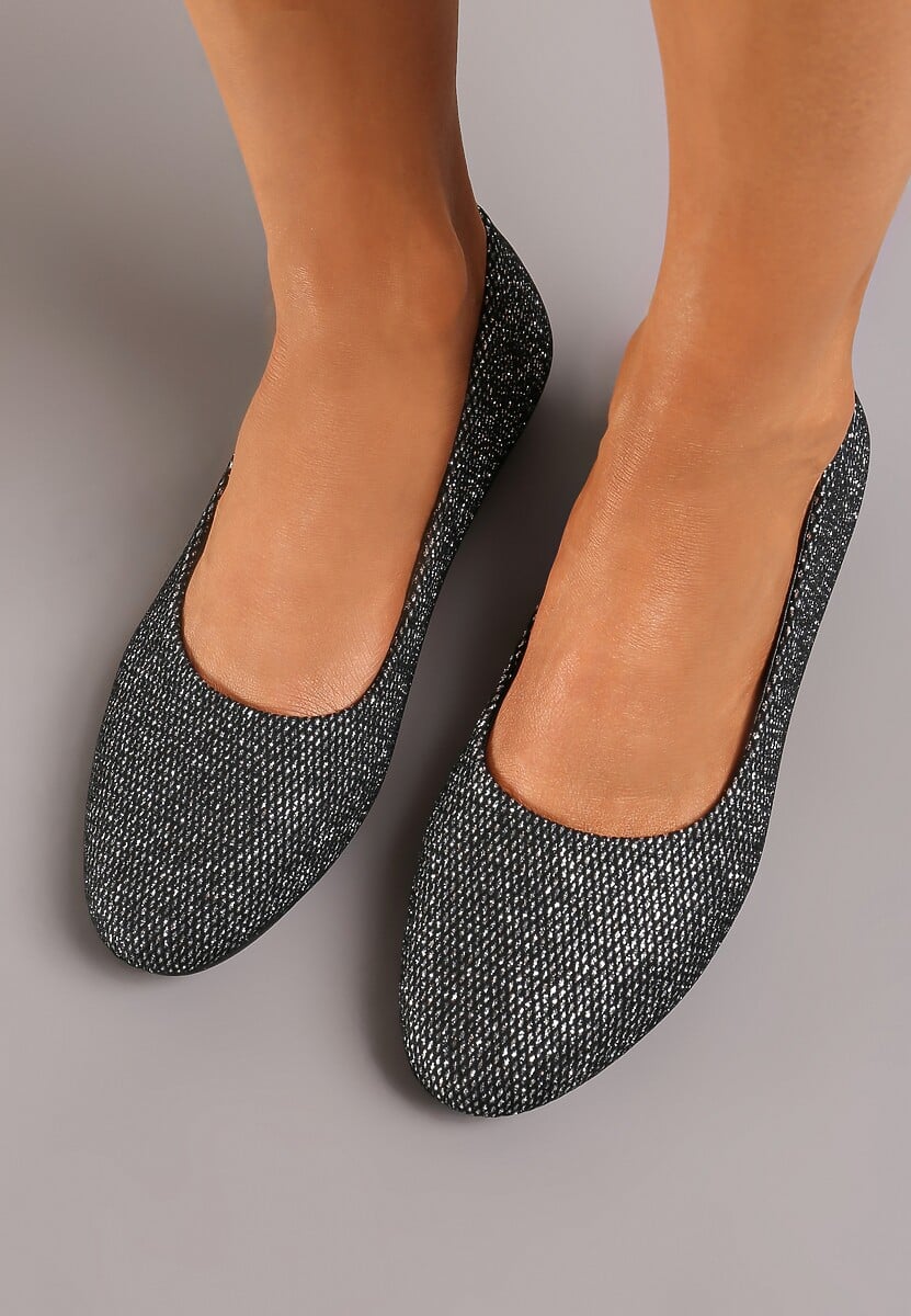 Czarne Wsuwane Balerinki Brokatowe na Płaskiej Podeszwie Claremarie