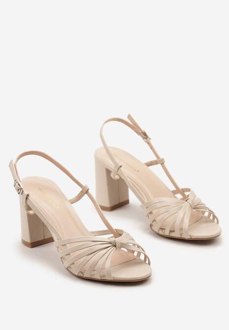 Beżowe Casualowe Sandały z Ekoskóry na Słupku z Cienkimi Paskami i Sprzączką Marilana