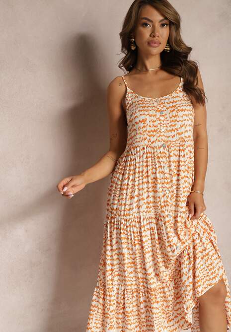 Pomarańczowa Sukienka z Wiskozy na Regulowanych Ramiączkach z Falbanką i Guzikami Vikisha