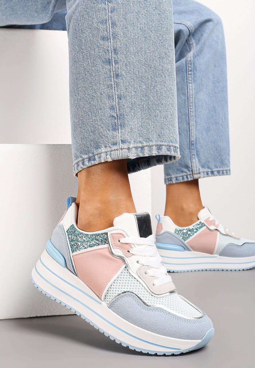 Niebieskie Sneakersy na Niskiej Platformie ze Wstawkami z Brokatu Quinnes