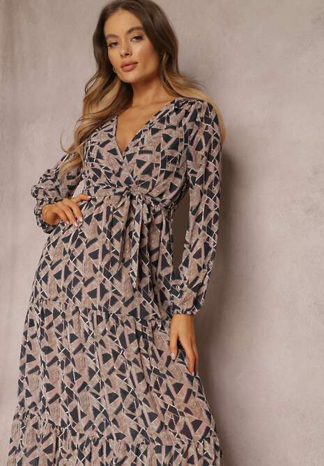 Czarno-Beżowa Sukienka Kopertowa z Gumką w Talii Jarne