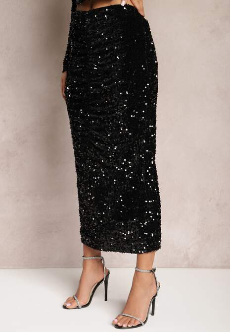 Czarna Spódnica Midi Ozdobiona Cekinami i Drapowaniem Noaletta