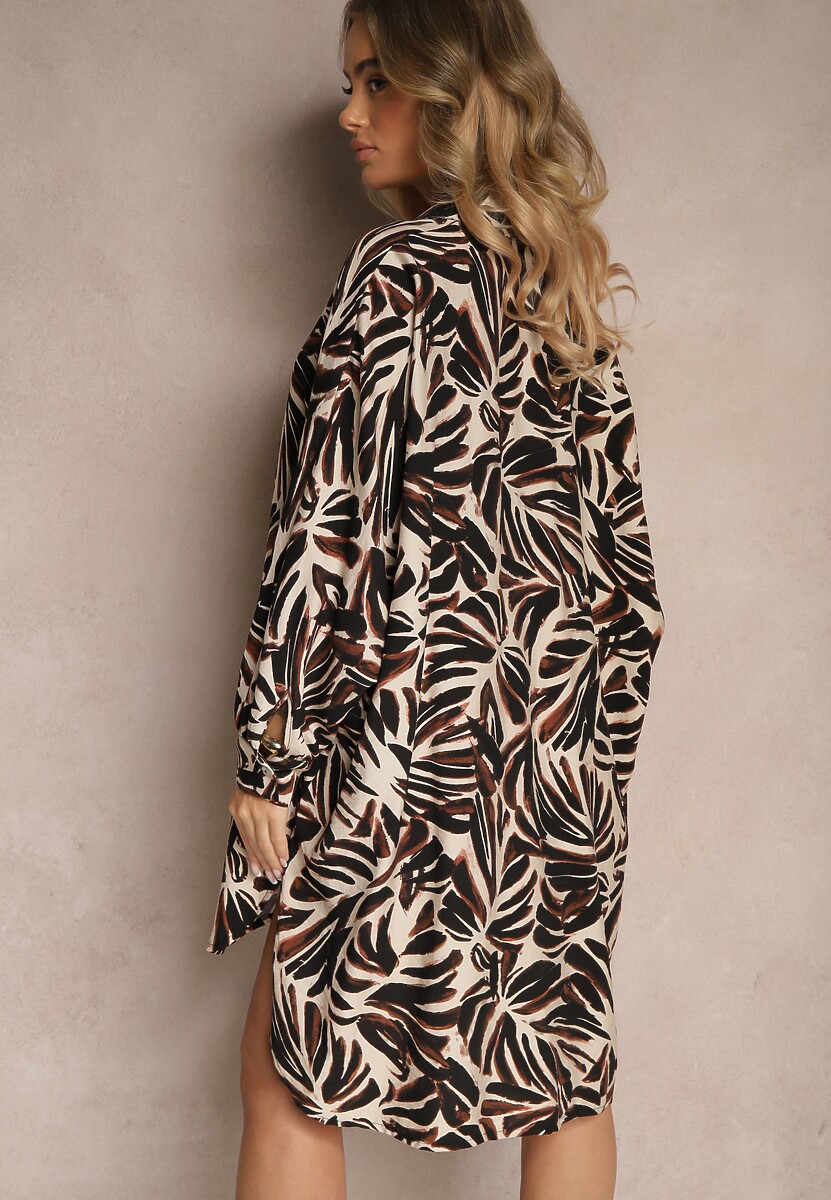 Czarna Koszulowa Sukienka z Wiskozy z Lnem i Liściastym Wzorem Kariona