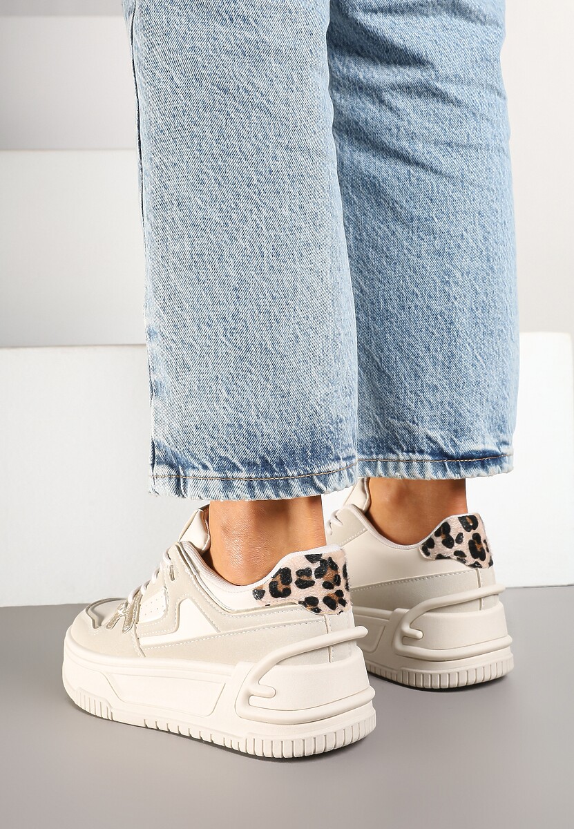 Beżowe Sneakersy na Tłoczonej Platformie z Geometrycznym Motywem Eloneo