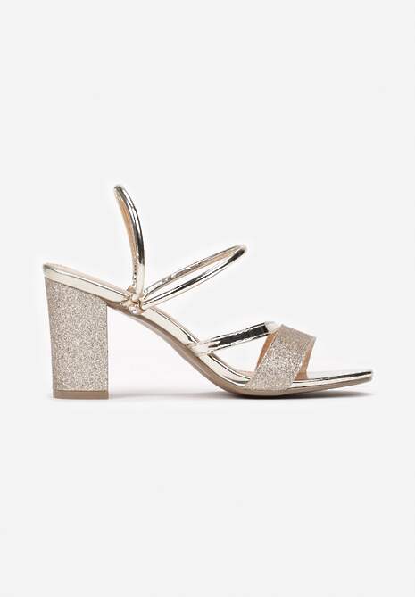 Złote Sandały na Słupku Zdobione Brokatem Clymiore