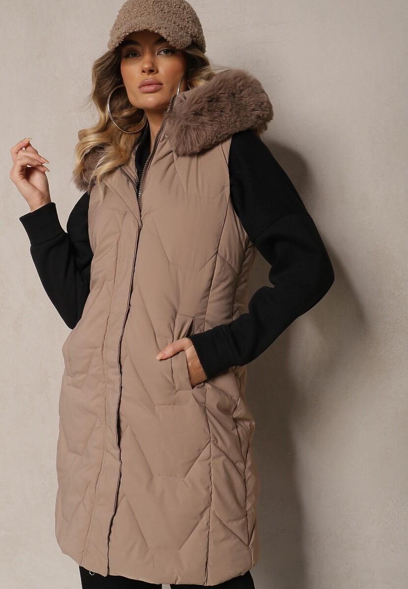 Ciemnobeżowa Kamizelka Pikowana z Kapturem i Odczepianym Futerkiem Innaleia