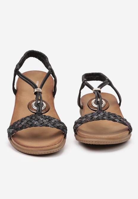 Czarne Sandały na Wsuwanie z Drewnianą Okrągłą Wstawką Valmira
