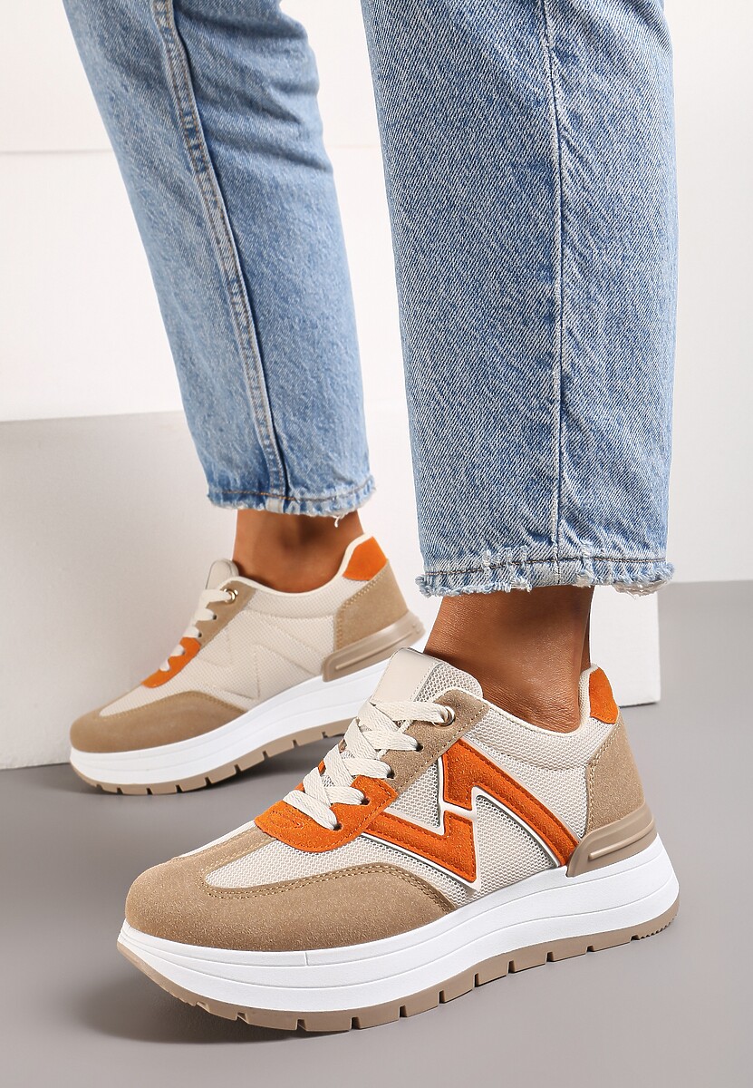 Brązowo-Pomarańczowe Sznurowane Sneakersy na Płaskiej Podeszwie z Metaliczną Wstawką i Brokatem Setraffia