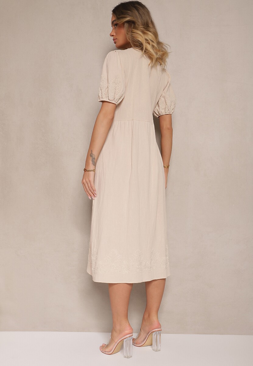 Jasnobeżowa Rozkloszowana Sukienka z Bawełny w Stylu Boho z Haftowanymi Zdobieniami Lannilsa