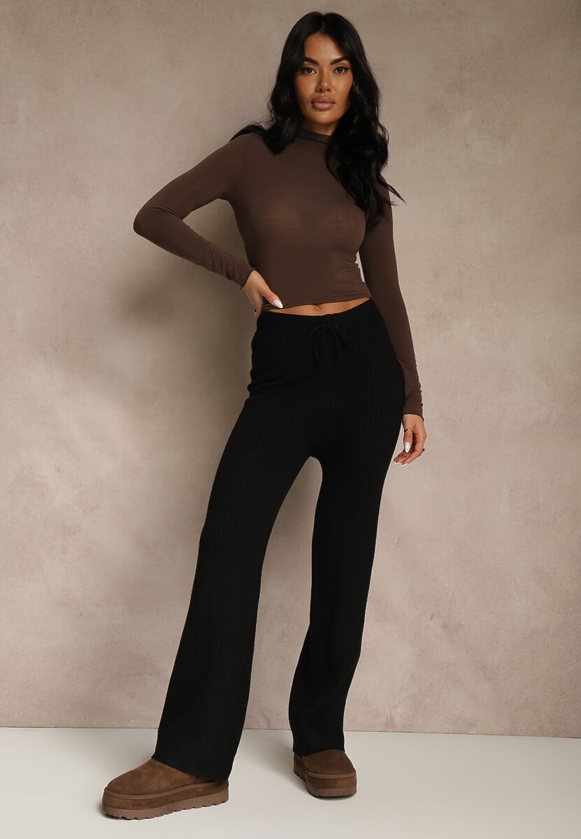 Czarne Szerokie Spodnie z Wełną High Waist z Prążkowanego Materiału Reinna