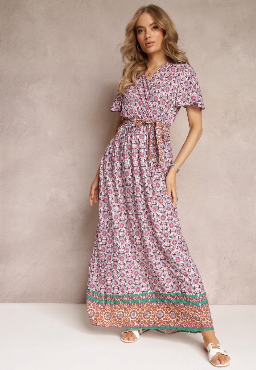 Różowa Sukienka Maxi z Paskiem i Gumką w Talii w Ornamentalny Wzór Calvim