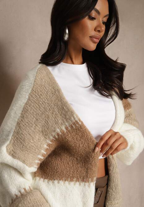 Brązowy Kardigan z Domieszką Wełny i Wiskozy w Patchworkowym Stylu Fesolinne