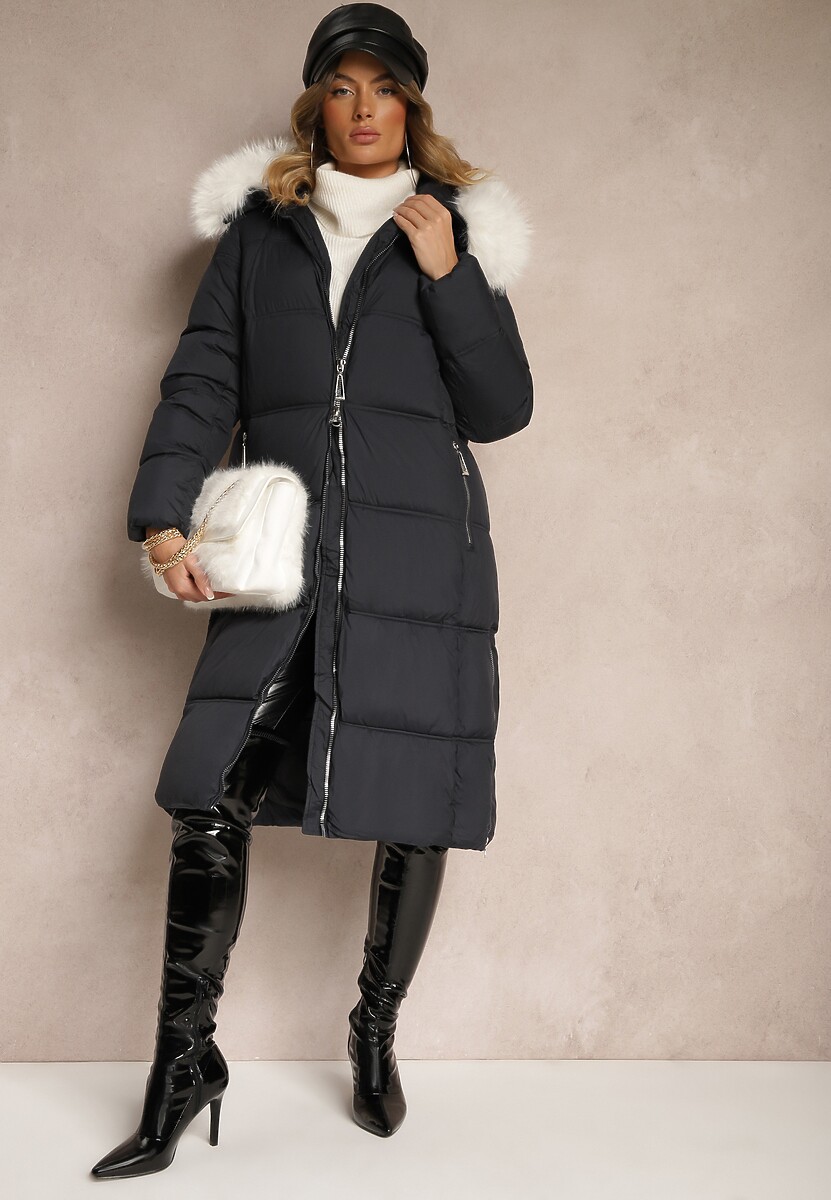 Granatowa Długa Pikowana Kurtka z Kapturem i Odpinanym Futerkiem Edariel